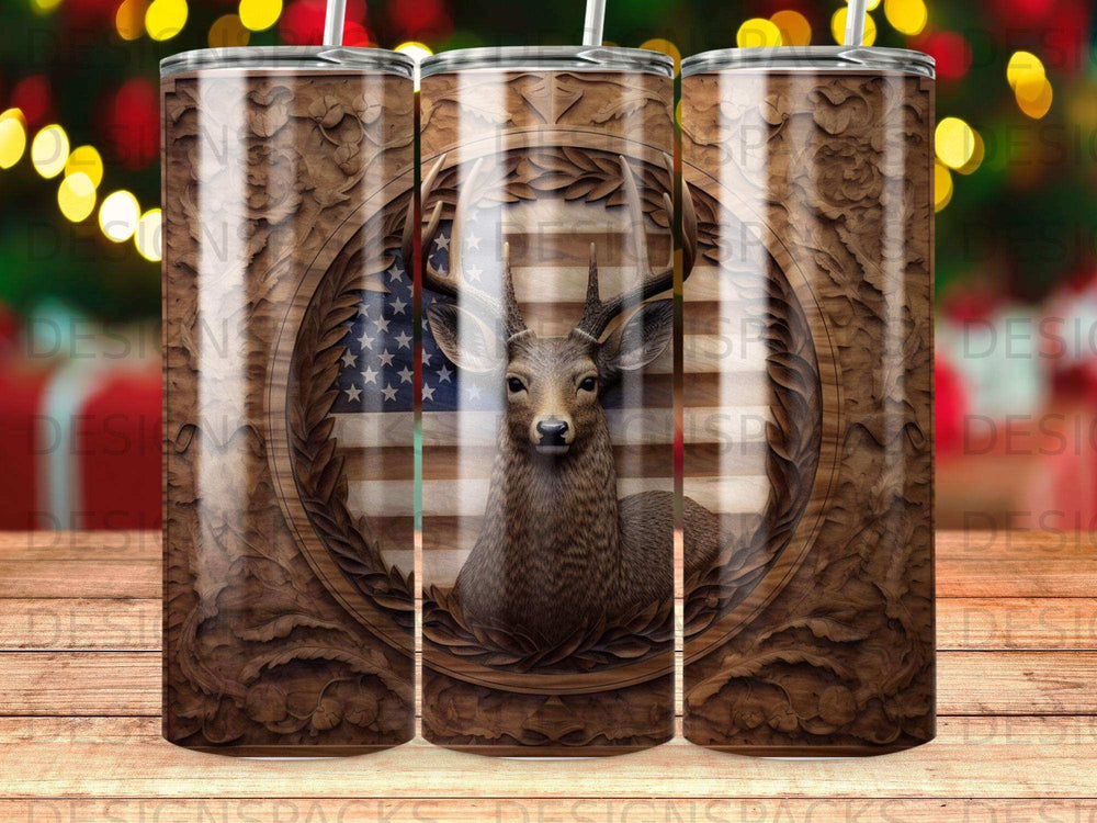Deer head and American flag carved into wood texture on a tumbler.