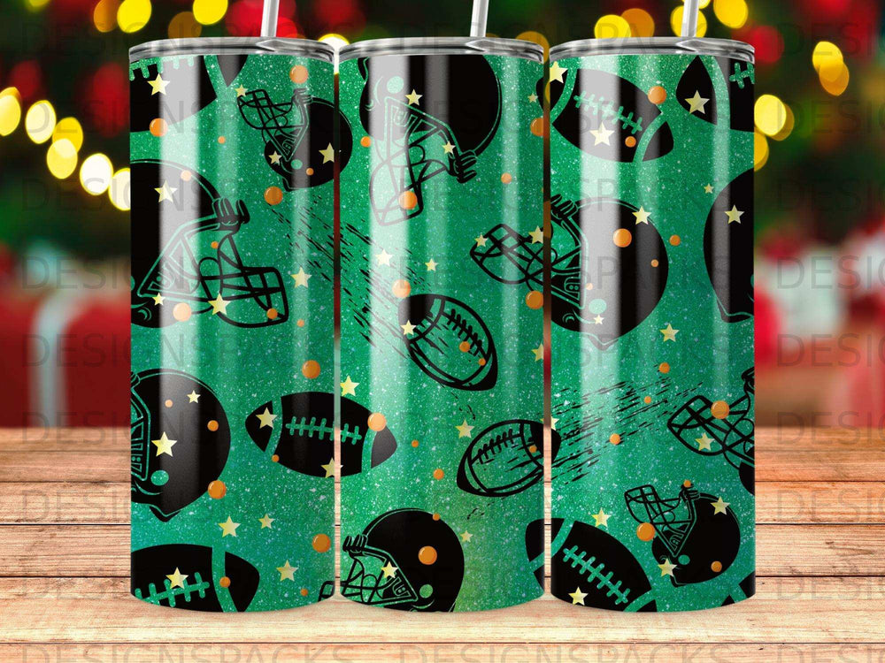 Green tumbler with repeating pattern of footballs, helmets, and stars.