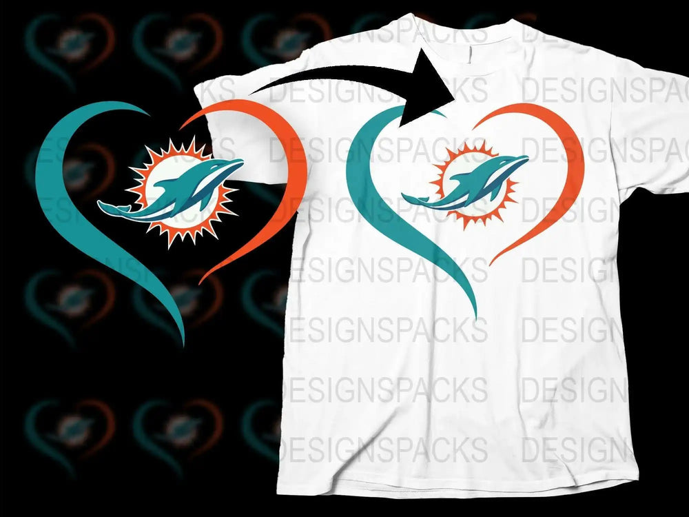 Miami Dolphins Inspired T-Shirt, Graphic Dolphin Design, Heart Arrow, Sports Fan Gift, Unisex White Tee