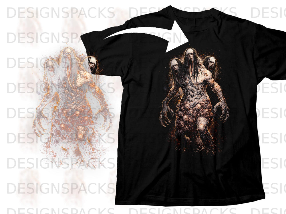 Black t-shirt with a demonic creature graphic featuring multiple heads and skulls.