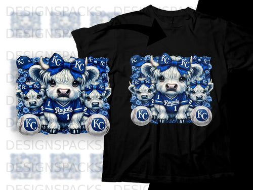 Cute cow with Kansas City Royals logo on t-shirt and baseballs.
