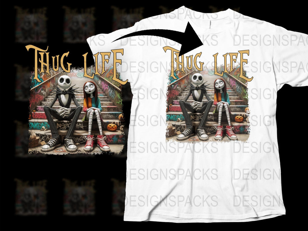 Thug Life Skeleton Couple T-Shirt, Halloween Graphic Tee, Unisex Spooky Season Apparel