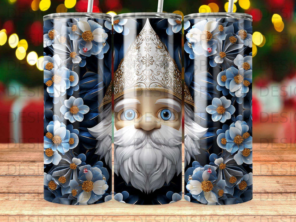 Santa Claus with blue eyes, white beard, and ornate hat, surrounded by blue flowers.