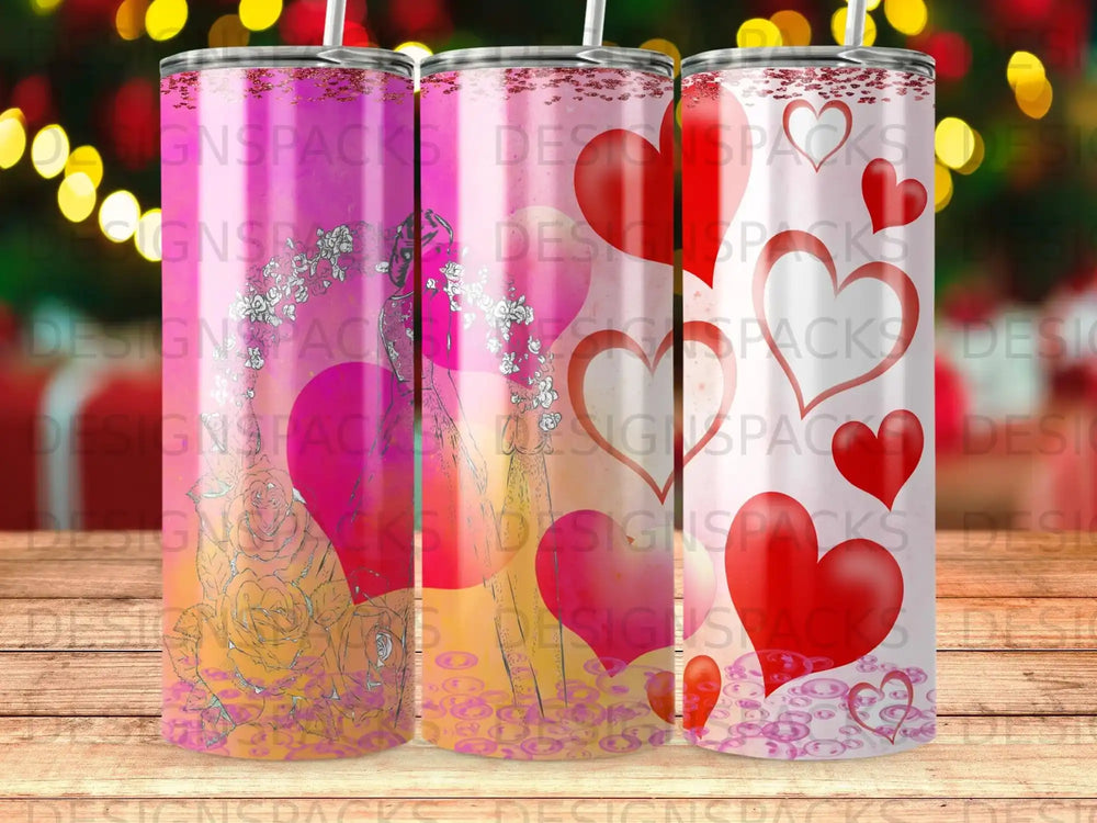 Pink and orange gradient tumbler with hearts and abstract floral design.