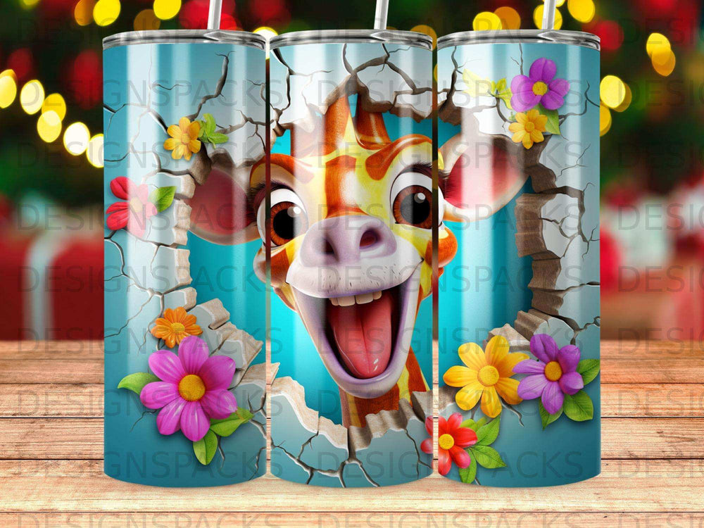 Cracked blue background with a happy giraffe peeking through colorful flowers.