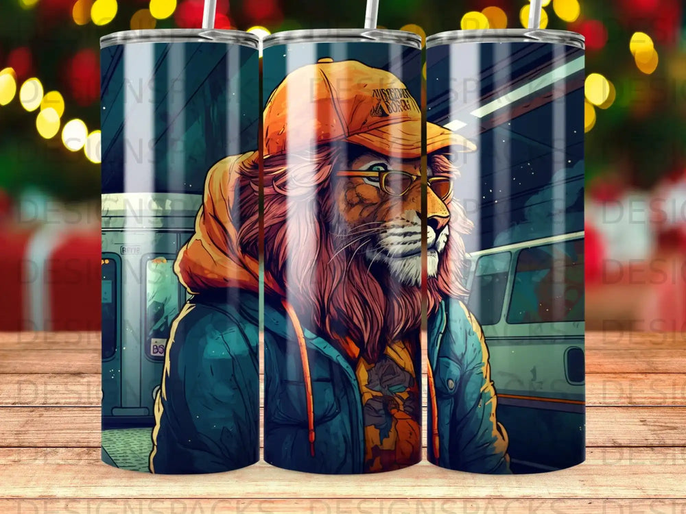 Lion wearing glasses and hoodie in subway car.