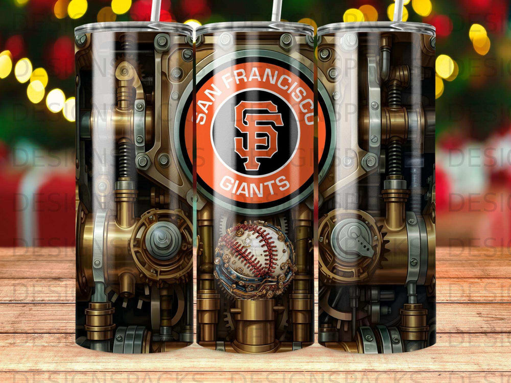 San Francisco Giants baseball tumbler with steampunk gears and mechanical details.