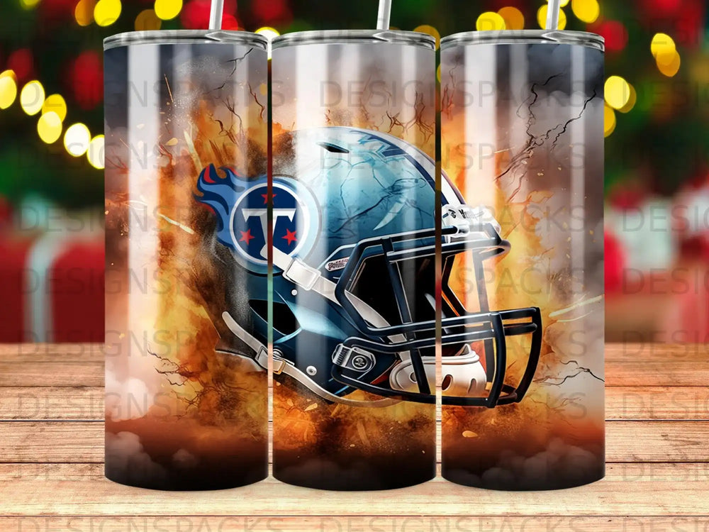 Tennessee Titans football helmet with fiery background and "2" on the side.