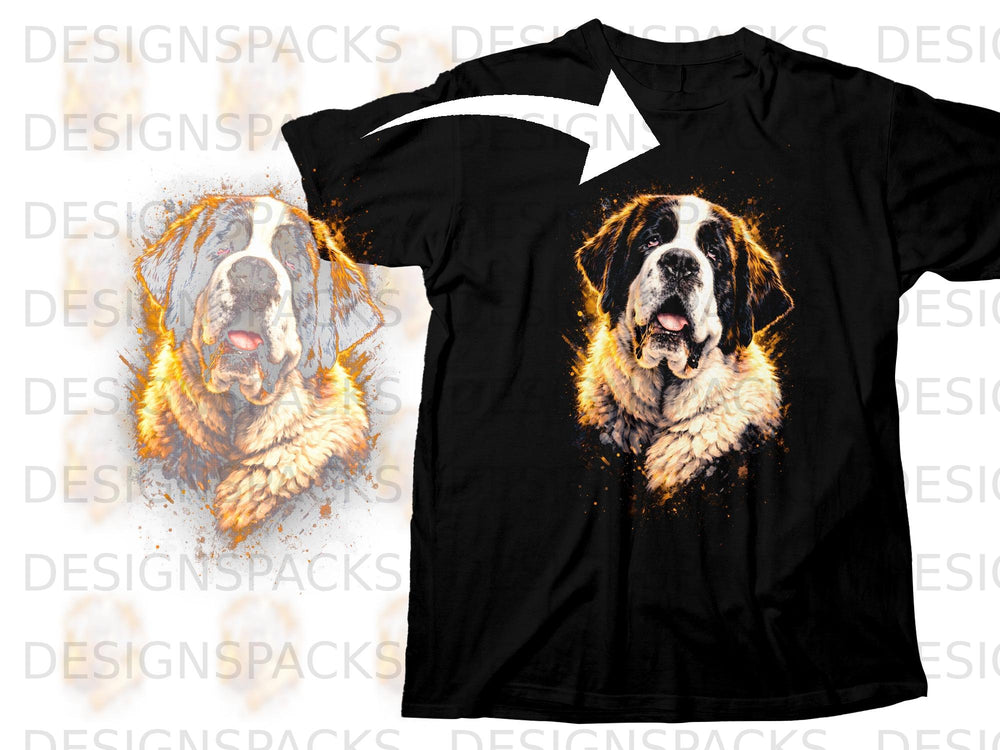 Black t-shirt with a watercolor-style Saint Bernard dog graphic and orange splatter effects.
