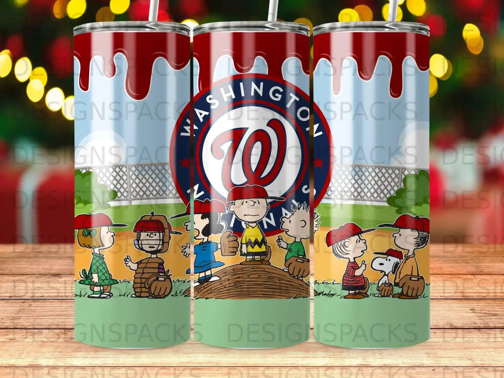 Washington Nationals baseball cartoon characters on a red and white striped tumbler.