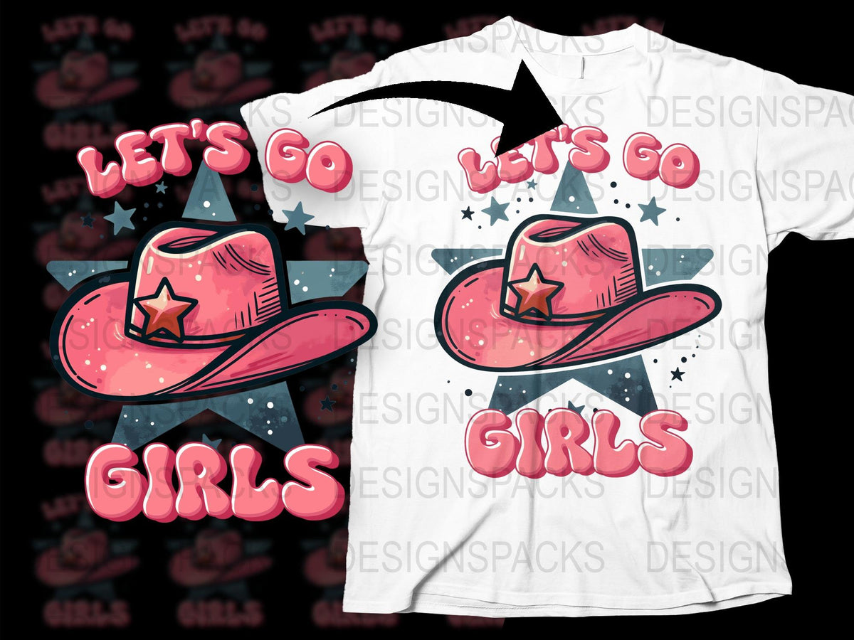 Let's Go Girls T-Shirt, Trendy Pink Cowboy Hat Graphic Tee, Star Design, Stylish Women's Top