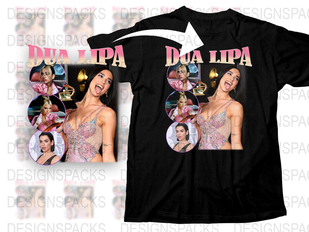 Dua Lipa Graphic T-Shirt, Pop Music Fan Tee, Celebrity Photo Collage, Black Shirt, Multiple Images, Stylish Pop Star Apparel