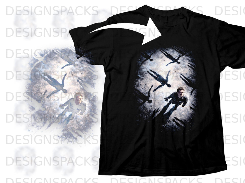 Black t-shirt with graphic of astronaut falling with scattered shadowy figures.