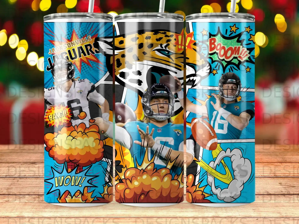 Jacksonville Jaguars quarterback throwing a football, comic book style.