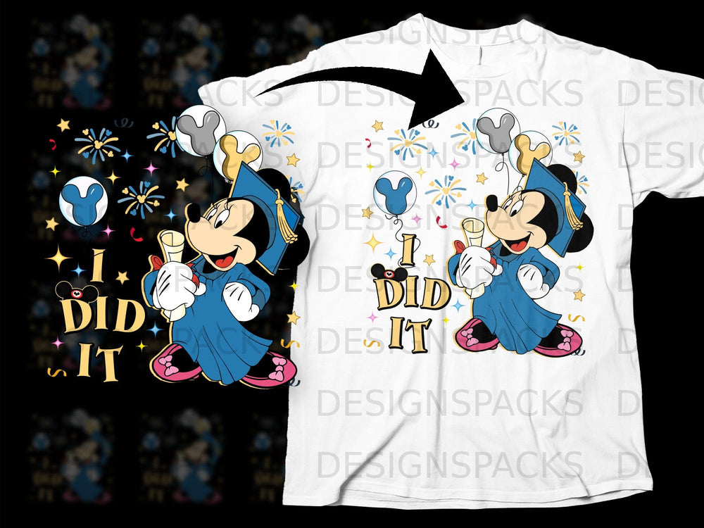 Mickey Mouse in graduation cap and gown holding diploma, with balloons and "I DID IT".