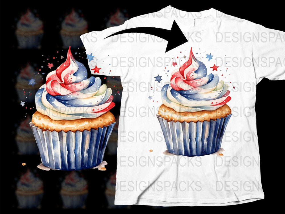 Patriotic Cupcake T-Shirt, 4th of July Watercolor Tee, American Flag Colors, Independence Day Apparel, Unisex Summer Shirt Design