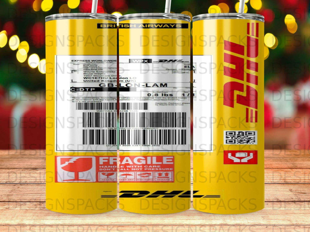 DHL Express shipping label with "FRAGILE" warnings and barcode.