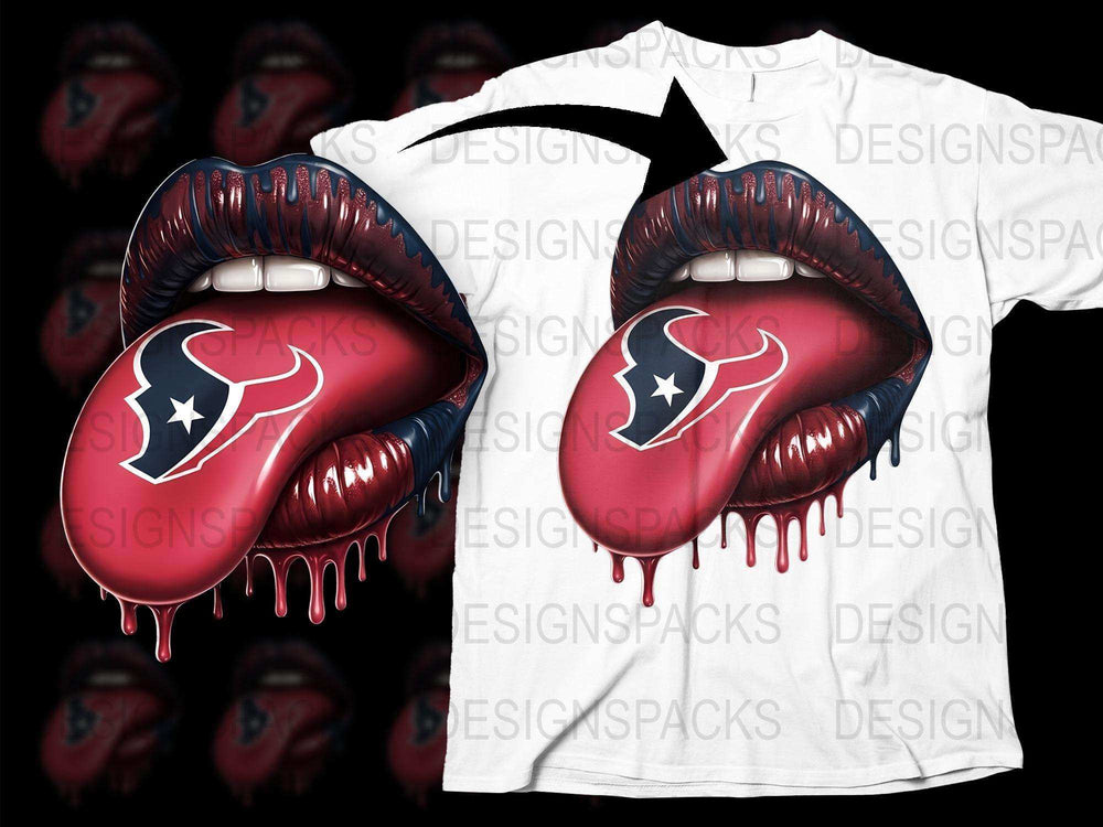 Unique Dripping Lips Houston Texans Inspired Graphic T-Shirt, Trendy Sports Fan Apparel, Bold Red and Blue Design