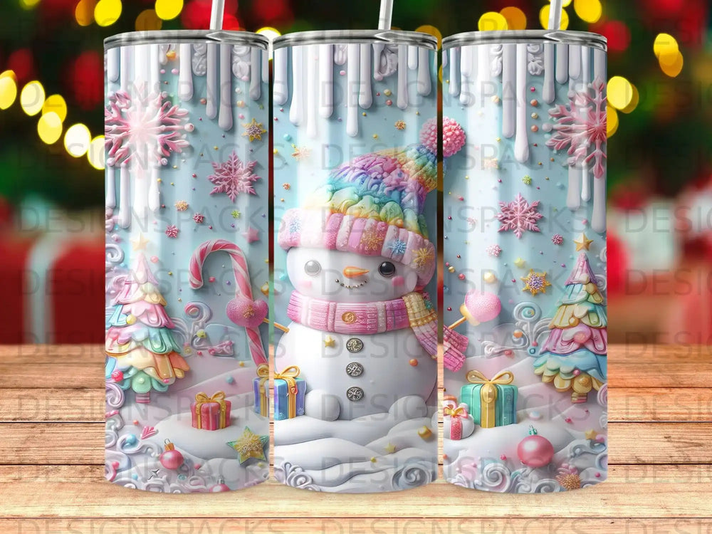 Snowman with pink scarf and colorful hat, surrounded by presents and candy canes.