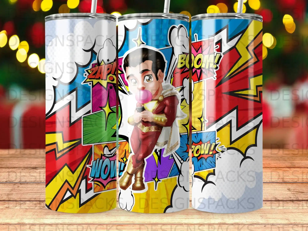 Shazam character blowing pink bubblegum with comic book sound effects.