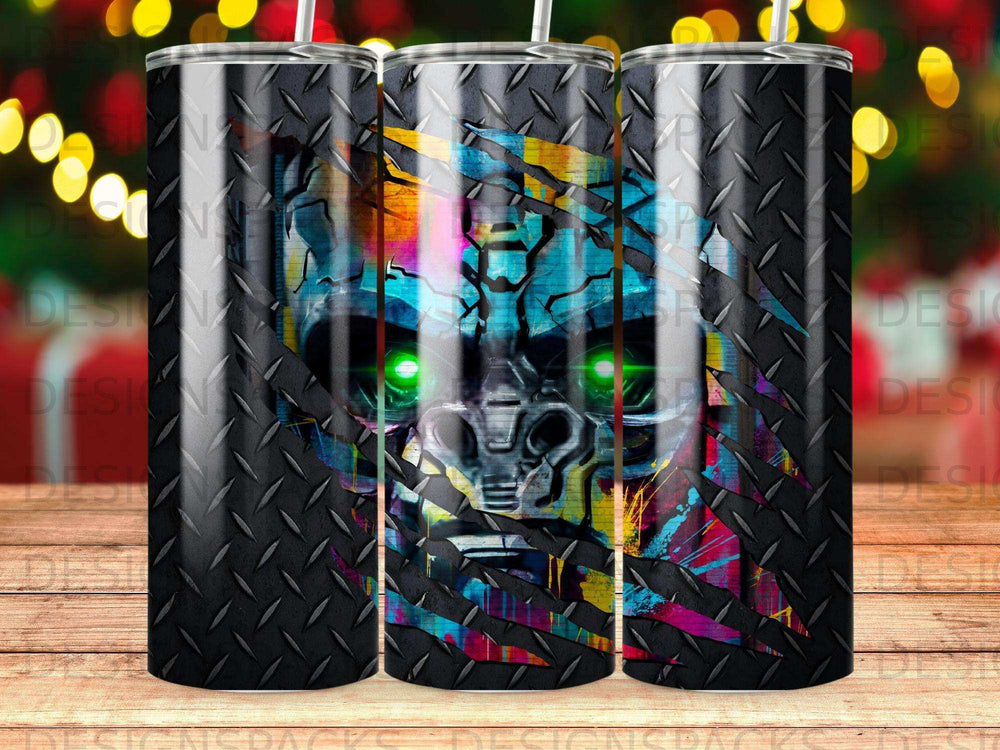 Robot face with colorful abstract paint splatters and metallic diamond plate frame.
