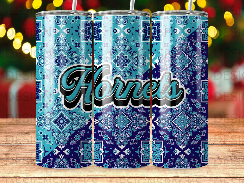 Blue and white paisley pattern tumbler with "Hornets" text.