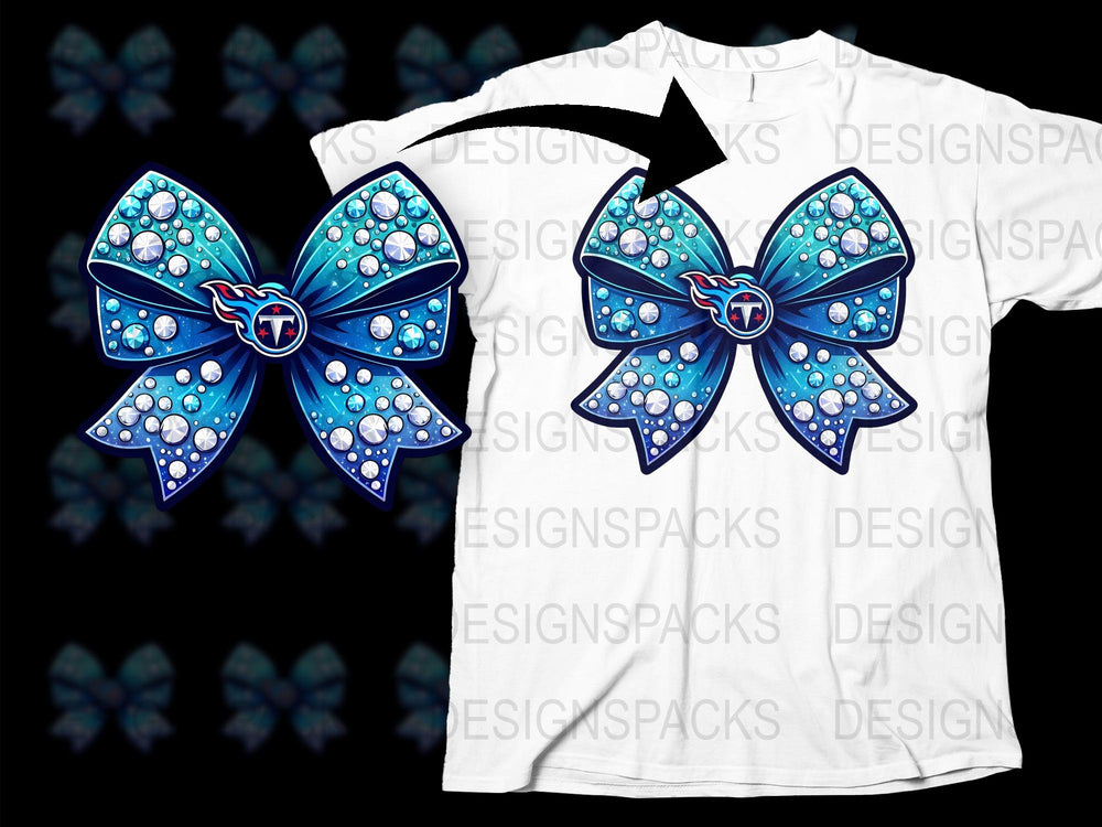 Tennessee Titans Inspired Rhinestone Bow Design T-Shirt, NFL Team Logo Fashion Top, Sparkly Football Fan Apparel