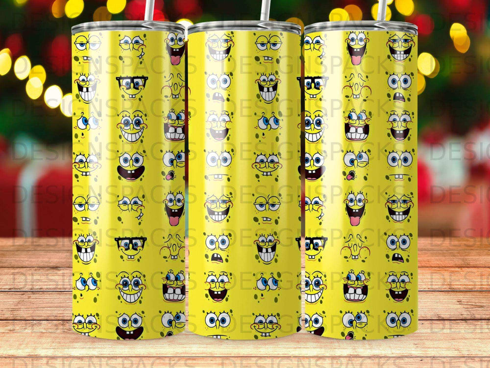 SpongeBob SquarePants faces pattern on a yellow tumbler.