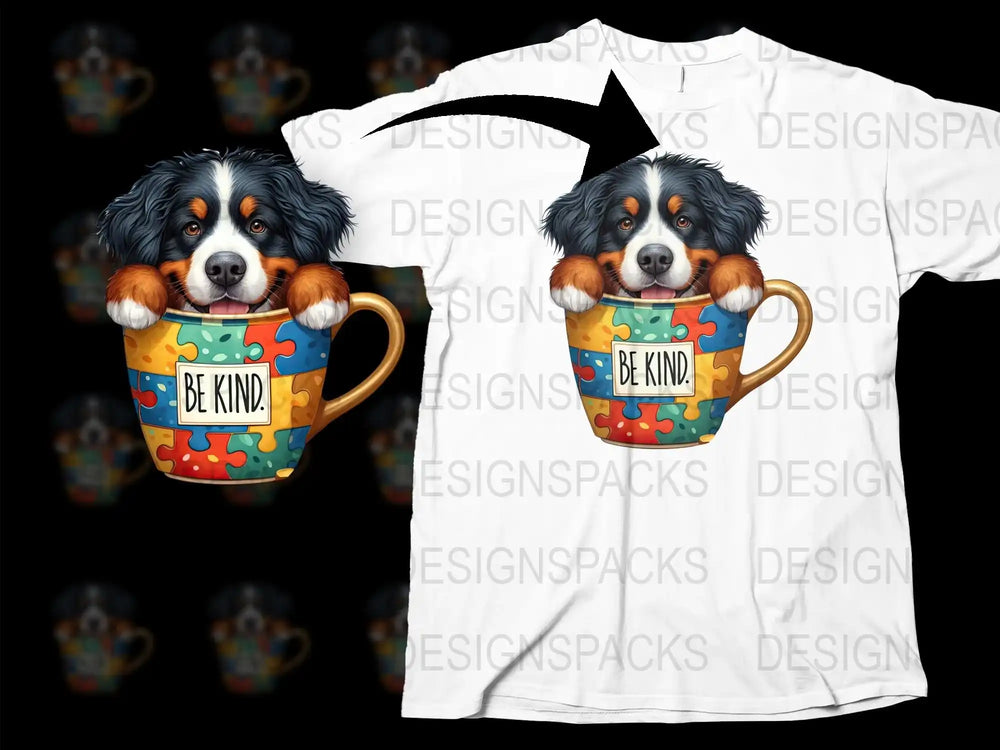 Be Kind Bernese Mountain Dog T-Shirt, Cute Dog in Coffee Cup Tee, Animal Lover Gift, Puzzle Design Casual Wear