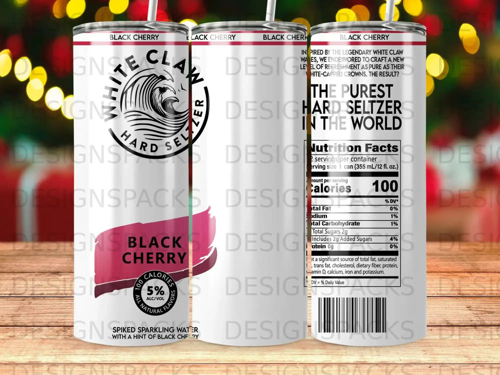 Black Cherry White Claw hard seltzer can with nutrition facts label.