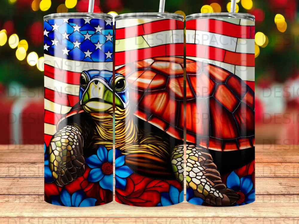 Turtle with American flag background and blue flowers.