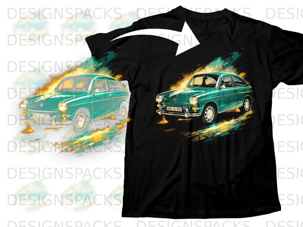 A black t-shirt printed with a vintage green car over dynamic yellow and blue paint splatters.
