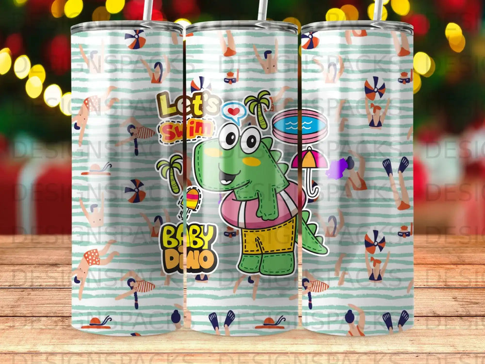 Green dinosaur with baby dino on tube, beach pattern.