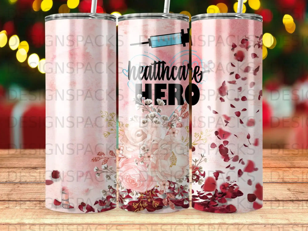 Healthcare Hero tumbler with floral design and syringe graphic.