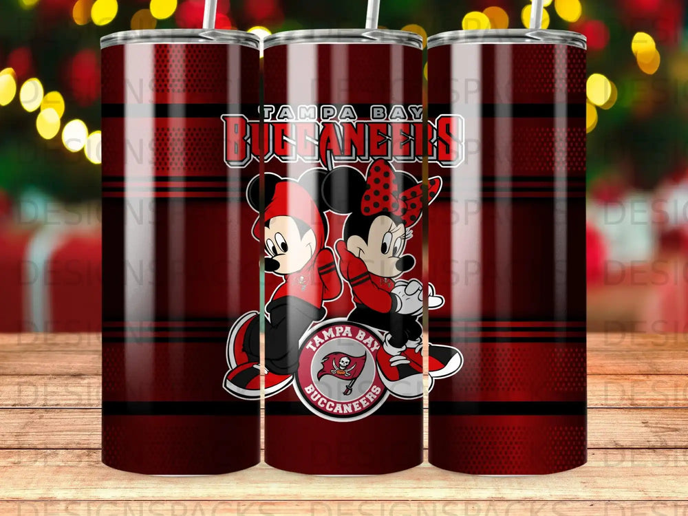 Tampa Bay Buccaneers Mickey and Minnie Mouse tumbler with team logo.
