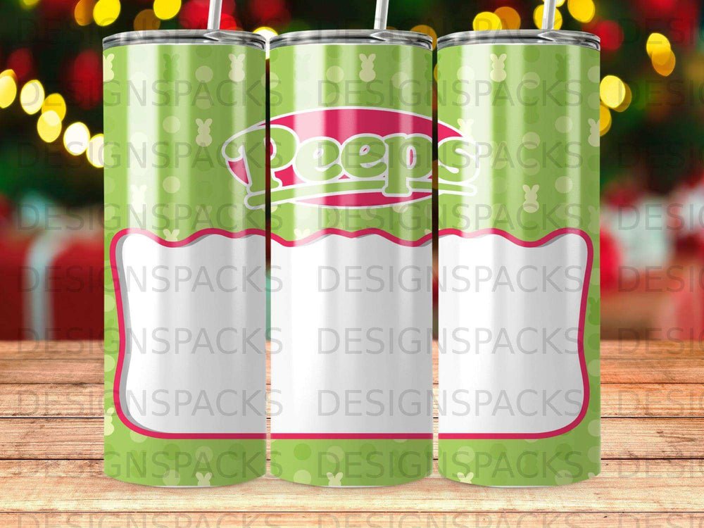 Green tumbler with a repeating Peeps marshmallow candy design.