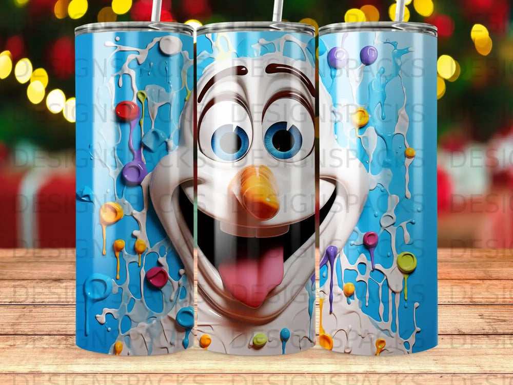 Olaf character design with melting snow and colorful beads on a blue background.