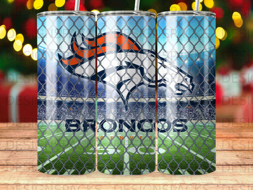Denver Broncos logo on a stadium background with a chain-link fence overlay.