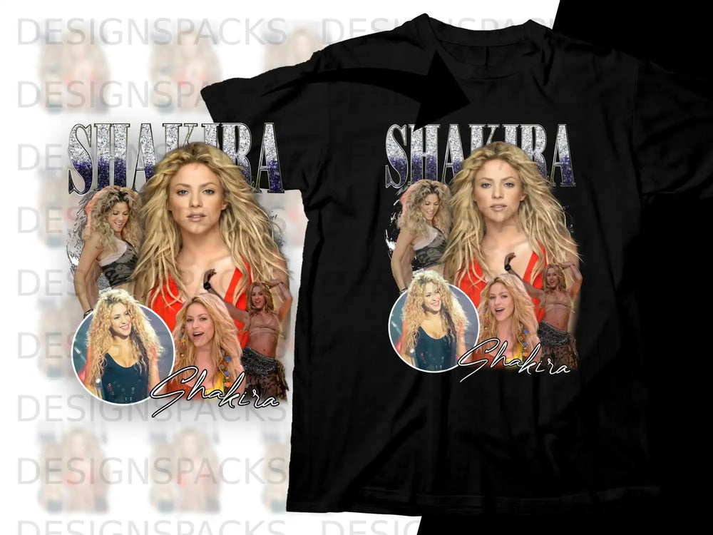 Shakira collage graphic on a black t-shirt.