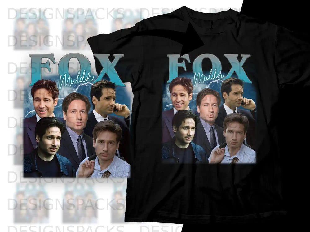 The X-Files Mulder collage on a black t-shirt.