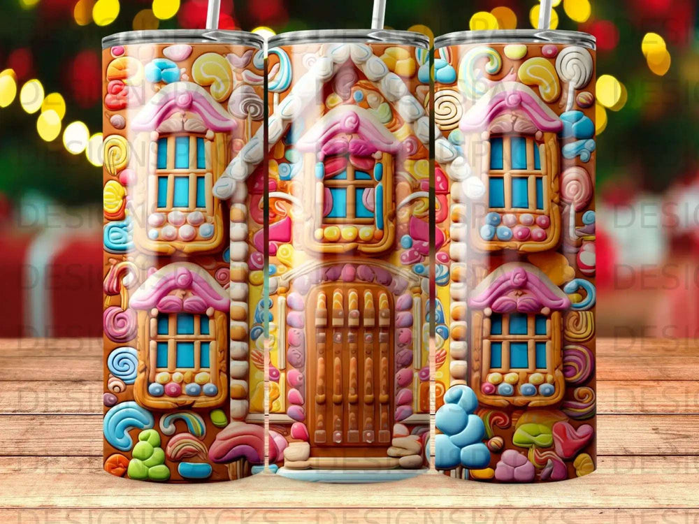 Gingerbread house with candy decorations, repeated three times.