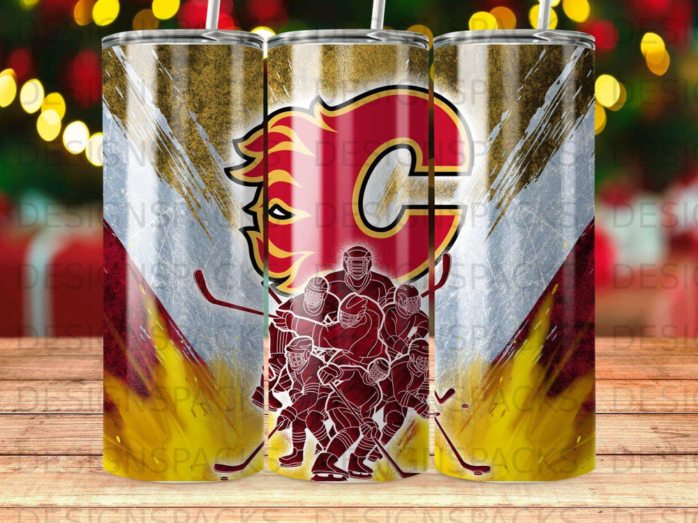 Calgary Flames hockey team logo and players on a distressed gold and red tumbler.