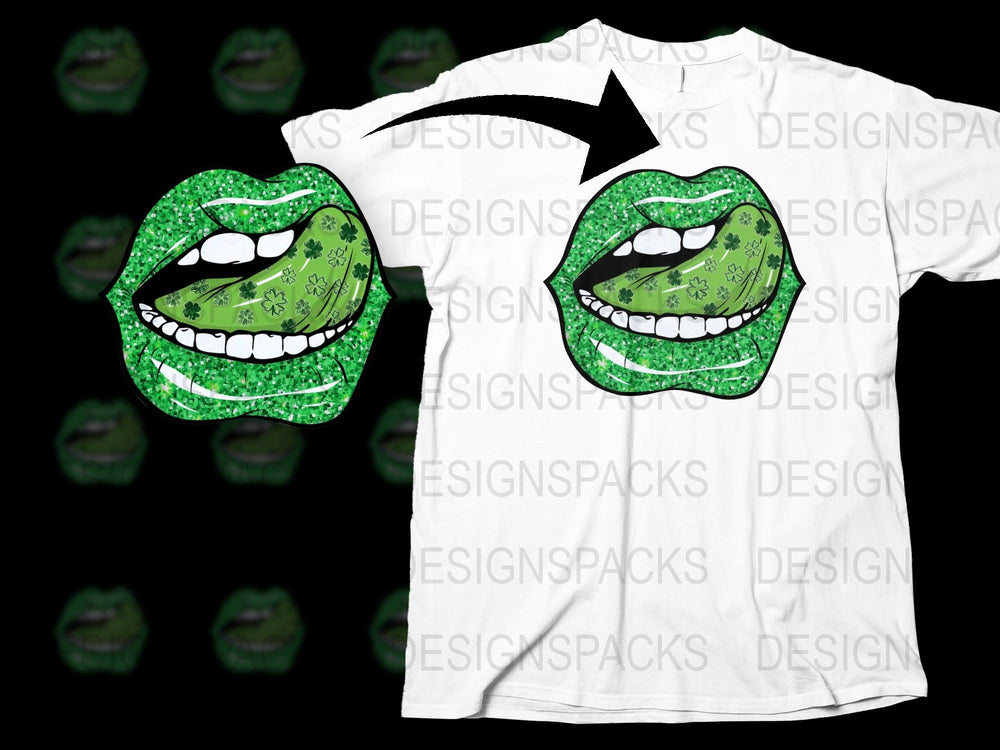 Green Glitter Lips T-Shirt, Sparkling Mouth Graphic Tee, Unique Women's Fashion Top, Trendy Stylish Casual Wear