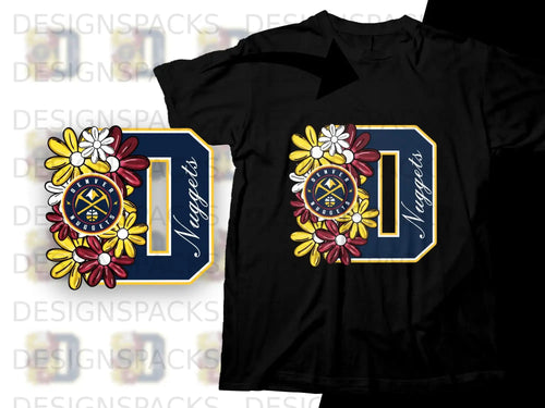 Denver Nuggets logo with floral accents on a black t-shirt.