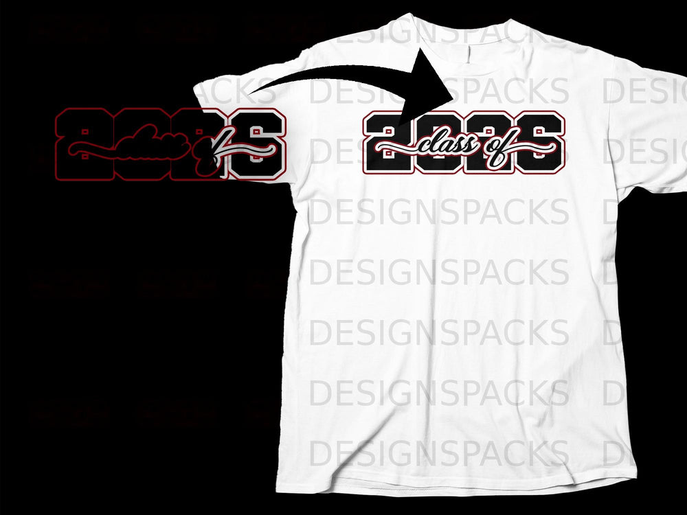 White t-shirt with "2025 Class of" graphic in red and black outline lettering.