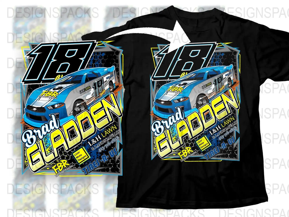 Brad Gladden Racing Car T-Shirt, Number 18 Blue and Black Graphic Tee, Motorsport Apparel for Fans