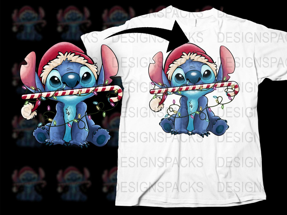 Kids Christmas T-Shirt, Cute Blue Alien Character, Holiday Apparel, Santa Hat and Candy Cane Design