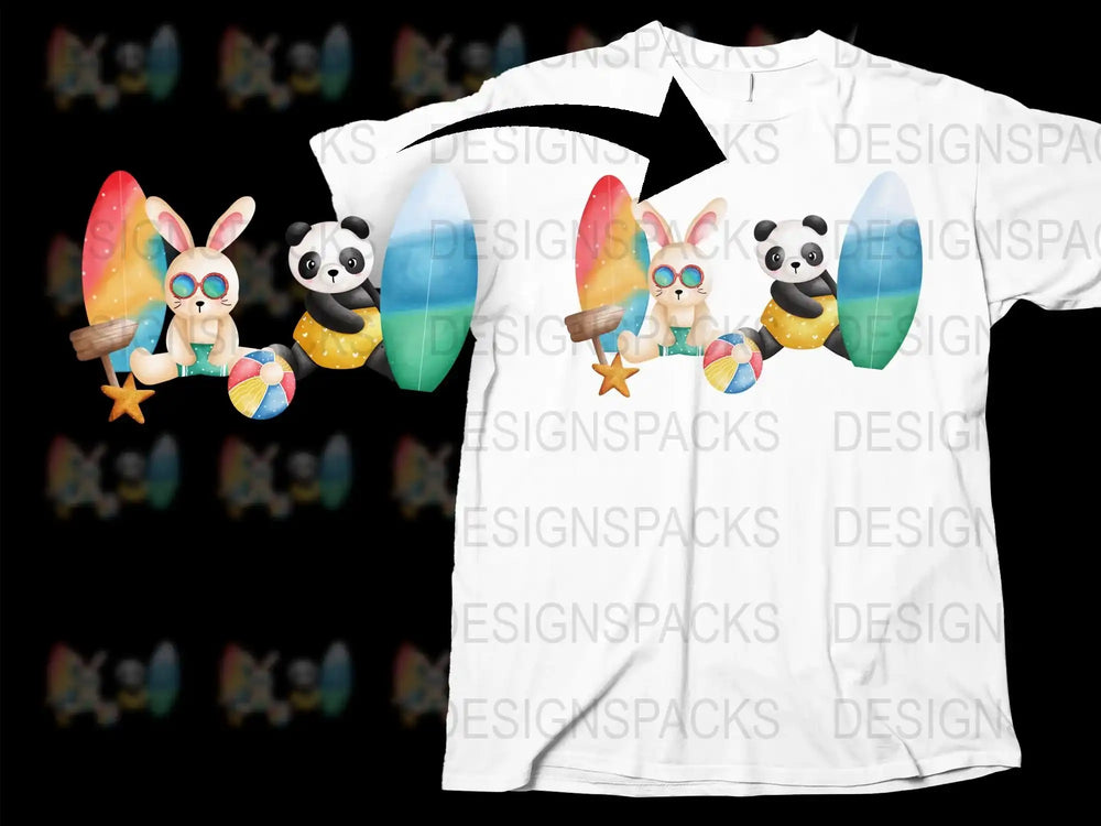 Beach Party Animals T-Shirt, Cute Panda and Rabbit, Colorful Surfboards Design, Unisex Graphic Tee