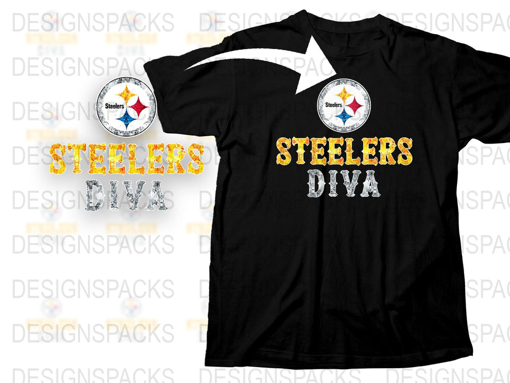 Steelers Diva T-Shirt, Black Graphic Tee, Women's Football Fan Apparel, Sparkle Text Design