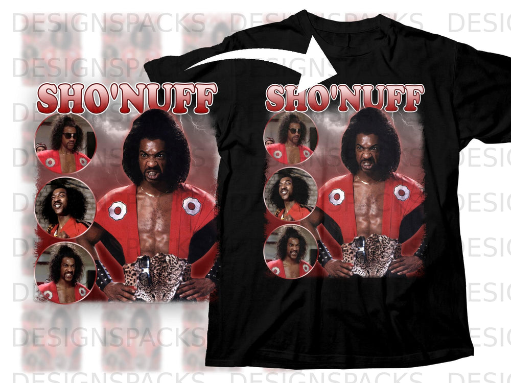 Black t-shirt with "Sho'nuff" graphic featuring multiple images of a man in a red outfit.